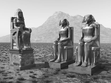 Computer generated 3D illustration with statues from ancient Egypt in a landscape in black and white