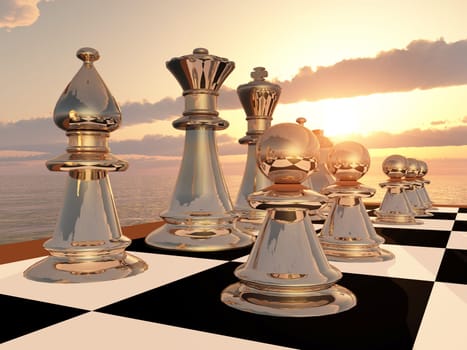 Computer generated 3D illustration with chessboard and chess figures at sunset
