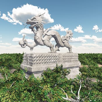 Computer generated 3D illustration with a Chinese dragon statue in a landscape