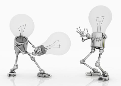 Computer generated 3D illustration of two light bulb figures with a light bulb