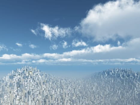 Computer generated 3D illustration with a futuristic megacity in the mountains