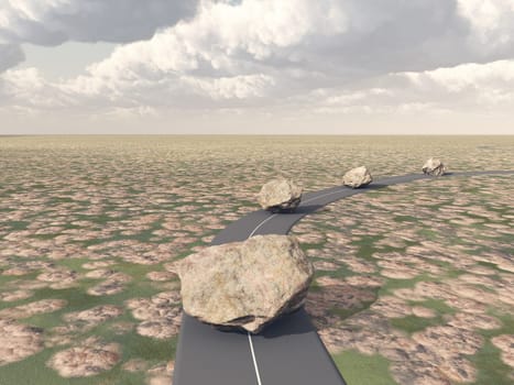 Computer generated 3D illustration with huge rocks on a country road