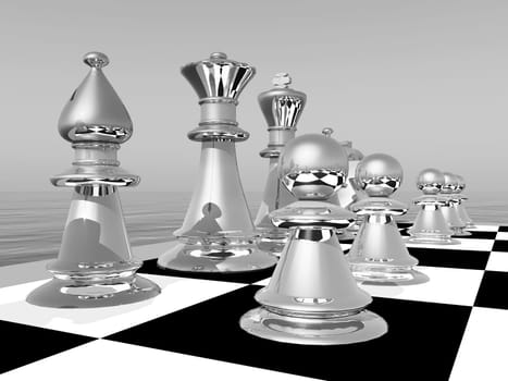 Computer generated 3D illustration with chessboard and chess figures in black and white