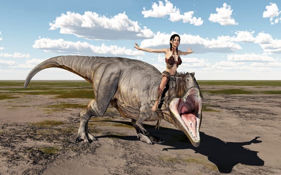 Computer generated 3D illustration with a woman riding on the dinosaur Tyrannosaurus Rex in a landscape
