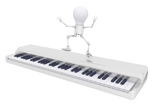 Computer generated 3D illustration with a light bulb figure dancing on a keyboard isolated on white background