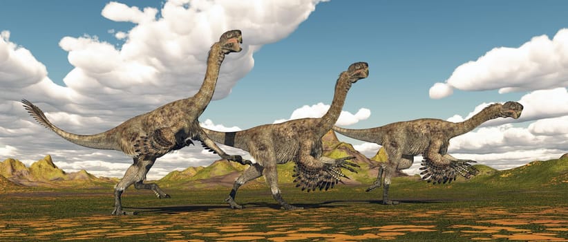 Computer generated 3D illustration with the theropod dinosaur Citipati in a landscape