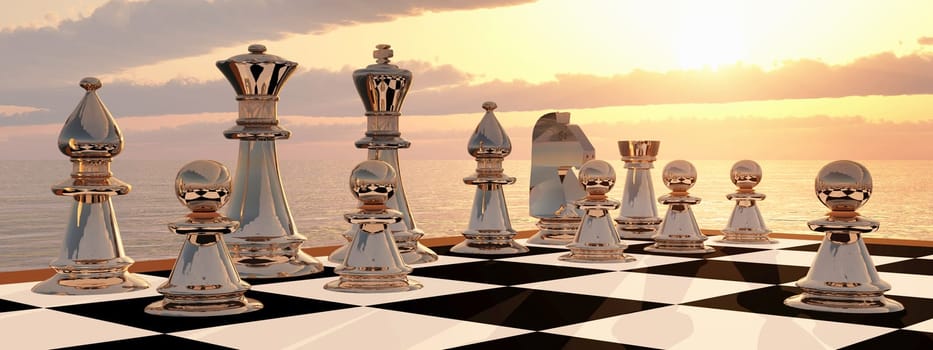 Computer generated 3D illustration with chessboard and chess figures at sunset