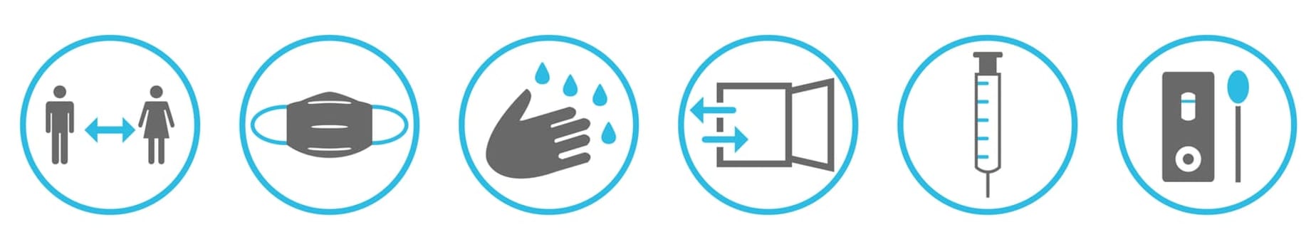 Coronavirus Instructions grey blue: Wash your hands, keep distance, wear a mask, open windows for ventilation, get vaccinated, wash your hands, use rapid test