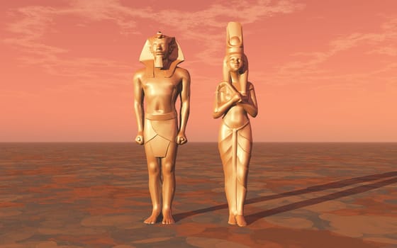 Computer generated 3D illustration with two statues from ancient Egypt in a landscape