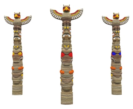 Computer generated 3D illustration with three totem poles isolated on white background
