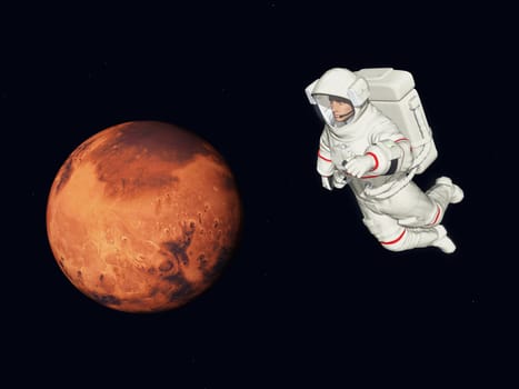 Computer generated 3D illustration with planet Mars and astronaut in space