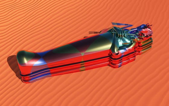 Computer generated 3D illustration with a sarcophagus in a sandy desert