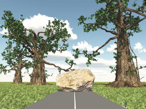 Computer generated 3D illustration with a huge rock on a country road