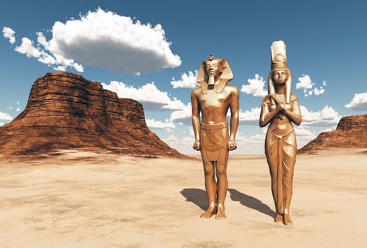 Computer generated 3D illustration with two statues from ancient Egypt in a landscape