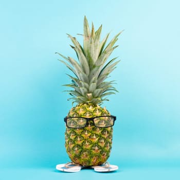 Pineapple with glasses and flip flops, vacation and travel concept, tropical summer holiday, funny fruit, blue background