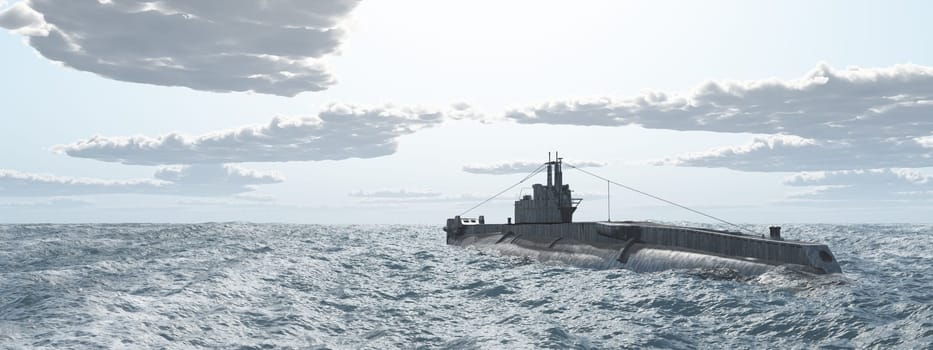 Computer generated 3D illustration with a British submarine of World War II in the stormy sea