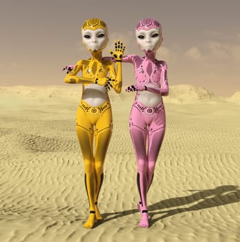 Computer generated 3D illustration with two aliens in a distant world