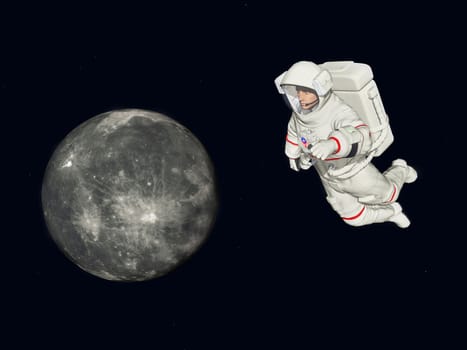 Computer generated 3D illustration with moon and astronaut in space