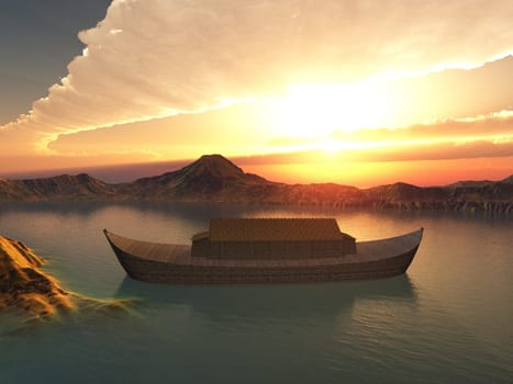 Computer generated 3D illustration with the Ark of Noah at sunrise