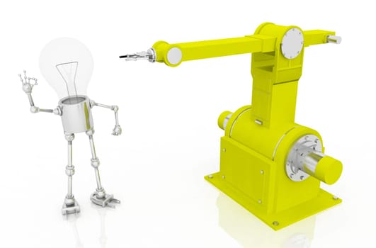 Computer generated 3D illustration of a light bulb figure with an industrial robot