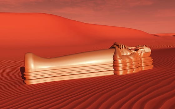 Computer generated 3D illustration with a sarcophagus in a sandy desert