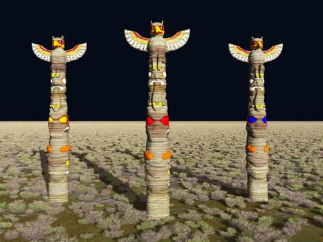 Computer generated 3D illustration with three totem poles on the prairie at night