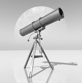 Computer generated 3D illustration with a telescope in front of a planet in black and white