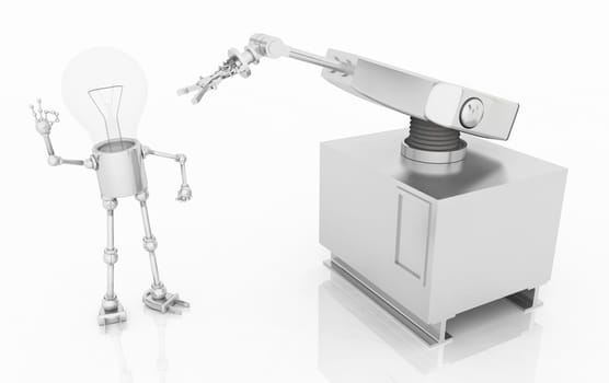 Computer generated 3D illustration of a light bulb figure with an industrial robot