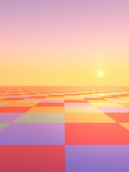 Computer generated 3D illustration with a sunset over a landscape with a checkered pattern