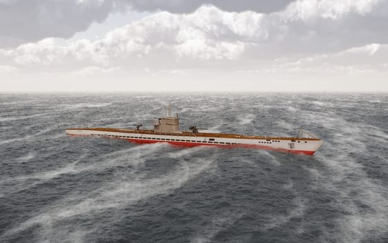 Computer generated 3D illustration with a German submarine of World War II in the stormy sea