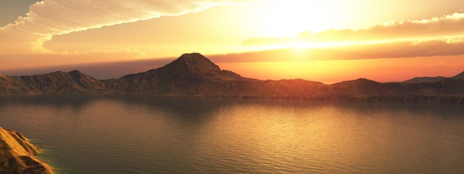 Computer generated 3D illustration with a river landscape at sunset