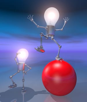 Computer generated 3D illustration of light bulb figures with a red ball at night