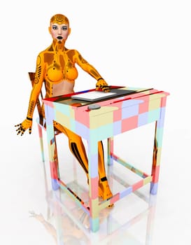 Computer generated 3D illustration with humanoid female robot and desk