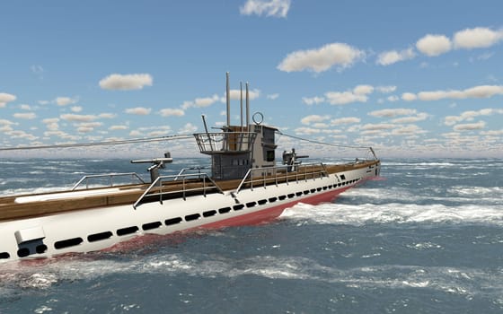 Computer generated 3D illustration with a German submarine of World War II in the stormy sea