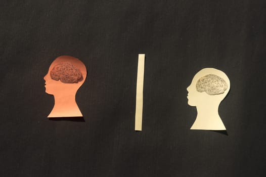 Two Separate People Human Brain Isolated Within Human Head. Paper Illustration. Feelings of isolation and Mental Health concepts.