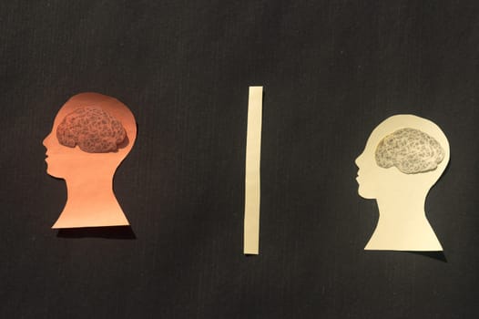 Two Separate People Human Brain Isolated Within Human Head. Paper Illustration. Feelings of isolation and Mental Health concepts.