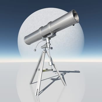 Computer generated 3D illustration with a telescope in front of a planet