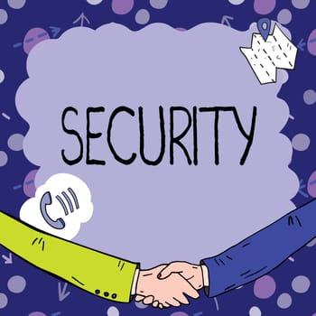 Handwriting text Security, Concept meaning The state of feeling safe stable and free from fear or danger Empty frame decorated with communication symbols represent business meeting