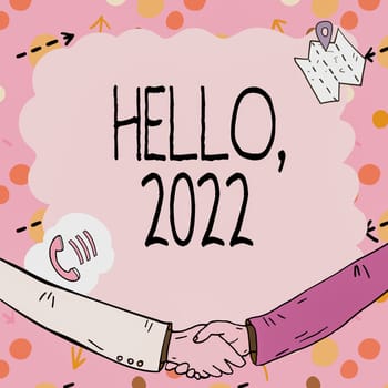 Conceptual caption Hello 2022, Concept meaning expression or gesture of greeting answering the telephone Empty frame decorated with communication symbols represent business meeting