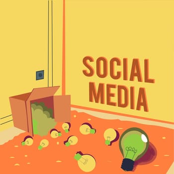Hand writing sign Social Media, Business showcase Online communication channel Networking Microblogging Light bulbs spilled out box symbolizing innovative thinking.