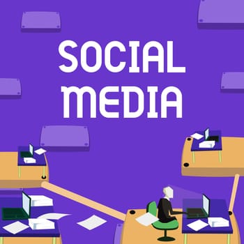 Hand writing sign Social Media, Word for Online communication channel Networking Microblogging Male office worker utilizing technology available office supplies.