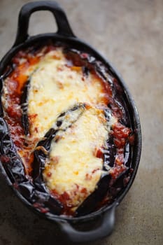 close up of rustic italian comfort food eggplant parmigiana