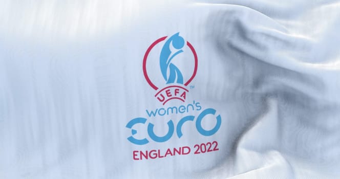 London, UK, May 2022: The flag of the UEFA European Women’s Football Championship Euro 2022 waving. Women’s Euro 2022 will take place in England from 6 to 31 July