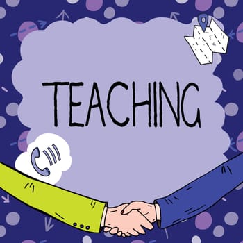 Hand writing sign Teaching, Business overview Act of giving information, explaining one subject to a person Empty frame decorated with communication symbols represent business meeting
