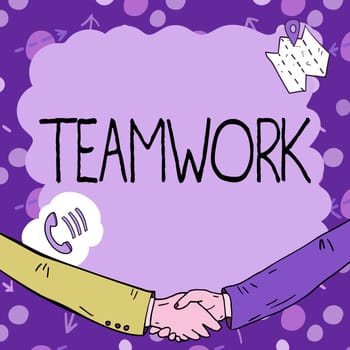 Writing displaying text Teamwork, Business showcase Group of showing who work together as one and with the same aim Empty frame decorated with communication symbols represent business meeting