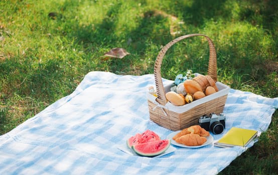 Picnic wattled basket with bread food and fruit, Ukulele, a retro camera on blue cloth in green grass garden with copy space at sunny summertime