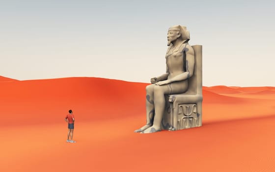 Computer generated 3D illustration with statue from ancient Egypt and discoverer in a sandy desert