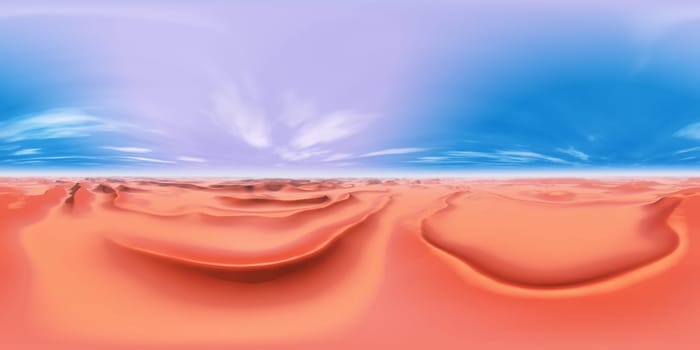 Computer generated 3D illustration with a spherical 360 degrees seamless panorama of a sandy desert landscape