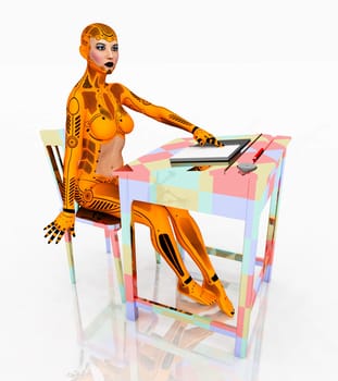 Computer generated 3D illustration with humanoid female robot and desk