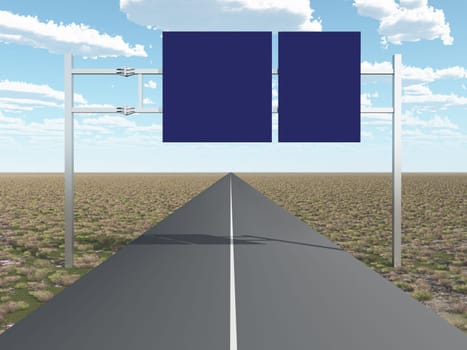 Computer generated 3D illustration with highway sign and roadway